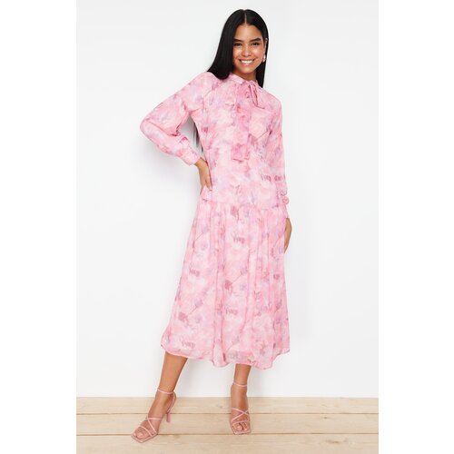 Trendyol pink lined floral patterned belted woven dress Slike