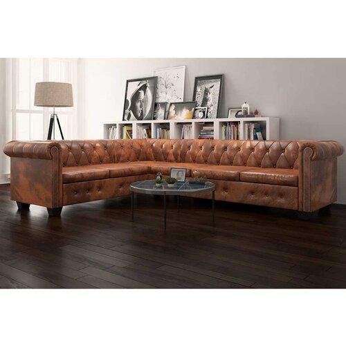 vidaXL Chesterfield kotna sedežna garnitura umetno usnje rjava Cene