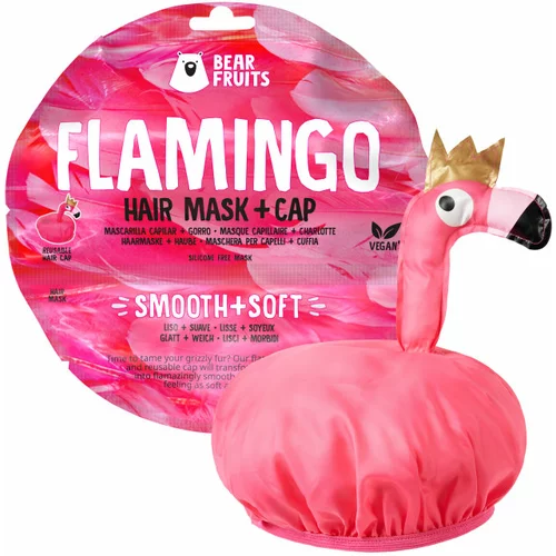 Bear Fruits flamingo, maska za zaglađvanje i omekšavanje kose + kapa za kosu, 20 ml