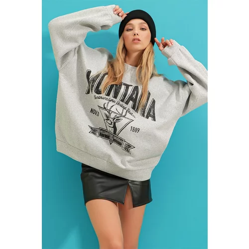 Trend Alaçatı Stili Women's Graymelange Hooded Letter Printed Fleece Collegiate Sweatshirt