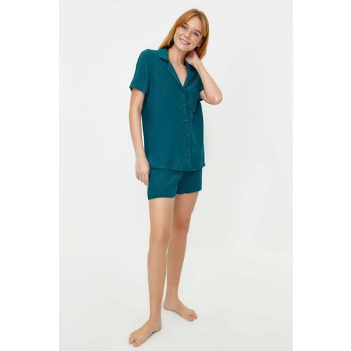 Trendyol Petrol Viscose Shirt-Shorts Woven Pajama Set Slike