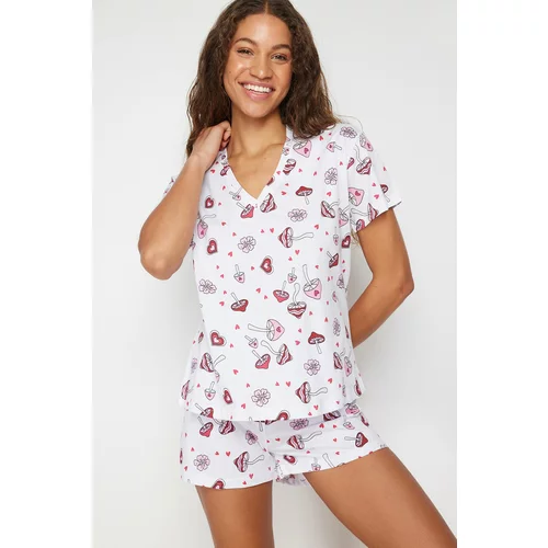 Trendyol White Multi Color 100% Cotton Leisure Printed Knitted Pajamas Set