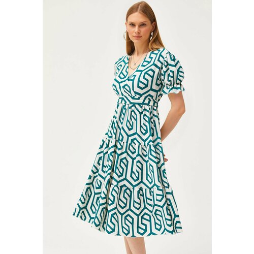 Olalook Women's Green Belted Double Breasted Patterned Dress Cene