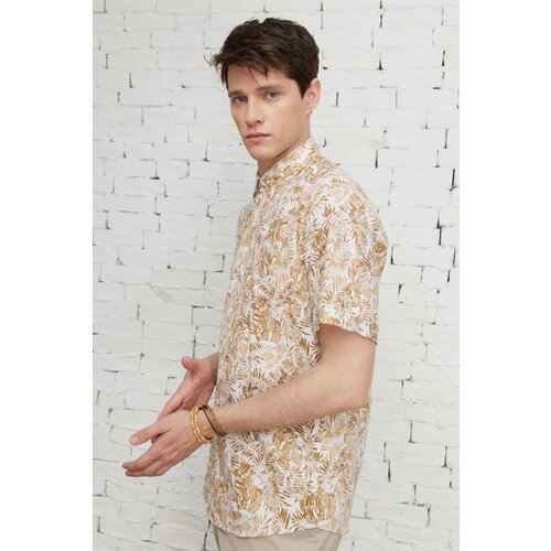 ALTINYILDIZ CLASSICS Men's White-Brown Slim Fit Slim Fit Hidden Button Collar 100% Cotton Printed Shirt Slike
