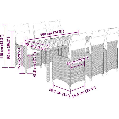  7-dijelni vrtni bistro set od poliratana s jastucima crni Crna 190 x 90 x 75 cm Slike