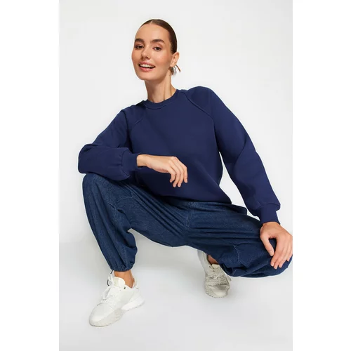 Trendyol Navy Blue Relaxed/Comfortable fit Basic Raglan Sleeve Crew Neck Knitted Sweatshirt