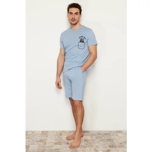 Trendyol Men's Blue Printed Regular Fit Knitted Pajamas Set