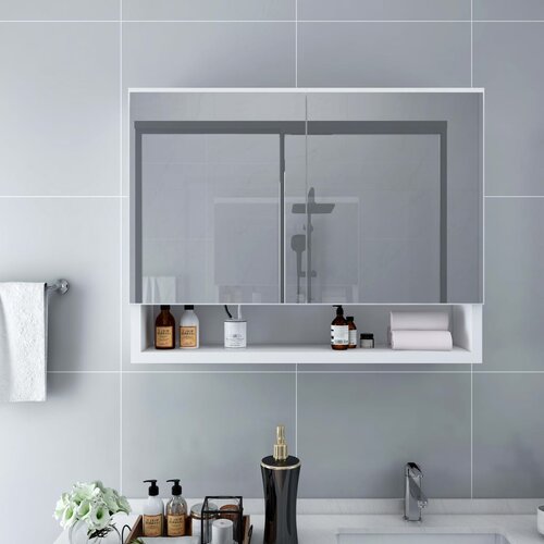 VidaXL LED kopalni&amp;scaron;ka omarica z ogledalom bela 80x15x60 cm MDF Slike