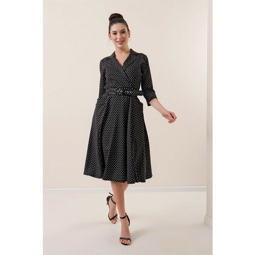 By Saygı Double-breasted Crepe Satin Dress with a Belted Waist, Lined Pocket and Spotted Black. Slike