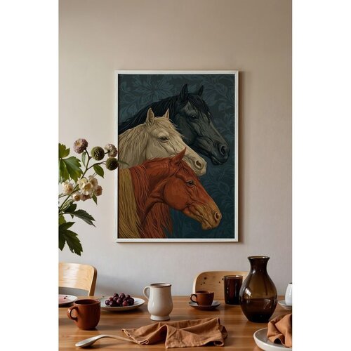 Wallxpert uramljena slika 115196, tri konja, crni, beli i riđi, na tamnoplavoj pozadini sa li&amp;scaron;ćem, 50 x 70 cm, beli ram Slike