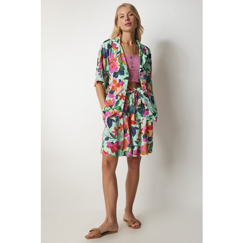  Women&amp;#039;s Water Green Floral Viscose Shirt and Shorts Set Slike