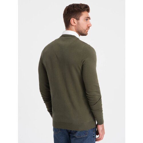 Ombre Men's sweater with v-neck with shirt collar - dark olive Cene