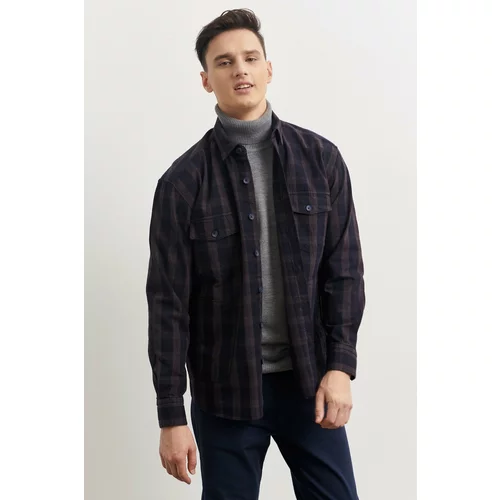 ALTINYILDIZ CLASSICS Men's Navy Blue-burgundy Oversize Wide Cut Buttoned Collar Plaid Patterned Winter Shirt Jacket