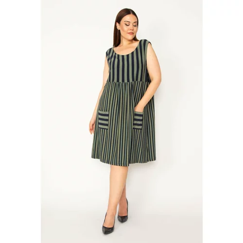 Şans Women's Khaki Plus Size Striped Combine Pocket Dress