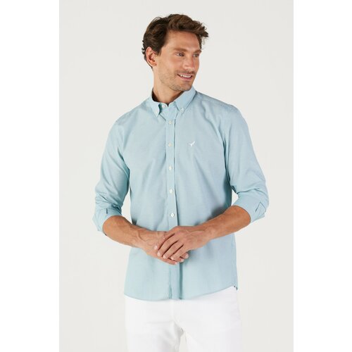 AC&Co / Altınyıldız Classics Men's Khaki-White Slim Fit Slim Fit Button-down Collar Cotton Striped Shirt Cene