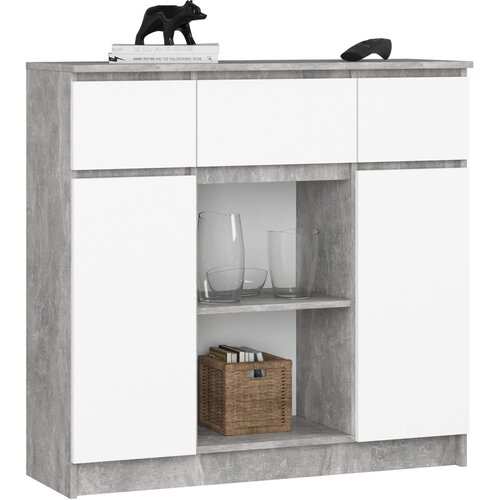 AKORD Komoda, 2 Vrata, 3 Predali In 1 Polica, Beton/Bela, (5000332401) Cene