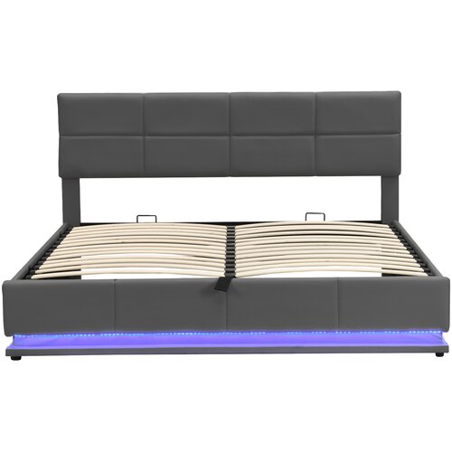 Lumor Oblazinjena postelja s predalom 180x200 cm z LED osvetlitvijo - iz umetnega usnja - siva, (22151575) Slike