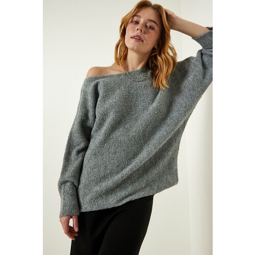 Happiness İstanbul Women's Gray Boat Neck Seasonal Oversize Knitwear Sweater Slike