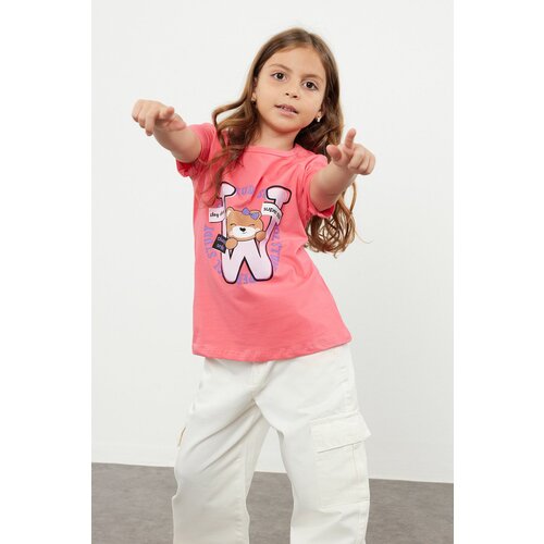 Trendyol Fuchsia Girl's Slogan Teddy Bear Patterned Short Sleeve Knitted T-Shirt Cene