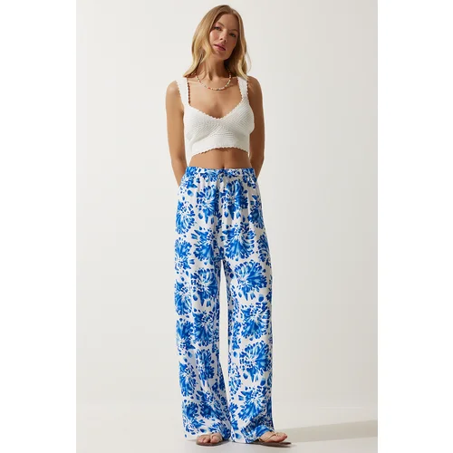  Women Ecru Blue High Waist Summer Wide Viscose Trousers