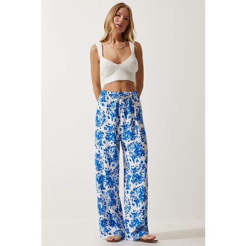  Women Ecru Blue High Waist Summer Wide Viscose Trousers Slike