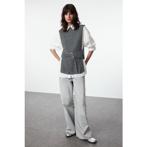 Trendyol Anthracite Belted Knitted Sweater Cene