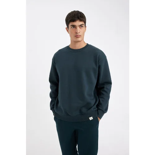 Defacto Men's Dark Green Oversize Fit Crew Neck Thick Fabric Basic Plain Sweatshirt