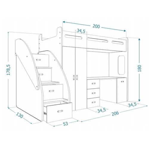 Molarem Home Drveni dječji krevet na kat Zuzia Plus s radnim stolom 200x80 cm - bijeli Slike