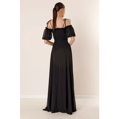 By Saygı Long Chiffon Dress with Pleated Collar and Balloon Sleeves Black