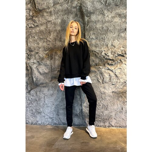 Trend Ala&amp;ccedil;atı Stili Women&amp;#039;s Black Crew-neck Skirt Shirt Detailed 3-Threads Wrapped Tracksuit Set Slike