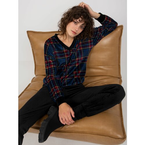Fashion Hunters Dark blue velour set with checkered blouse from RUE PARIS Slike