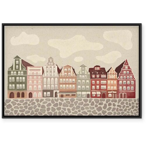  Slika - Salt Square - Colorful Illustrated Townhouses Against a Cloudy Sky Background 60x40 U crnom drvenom okviru Cijene