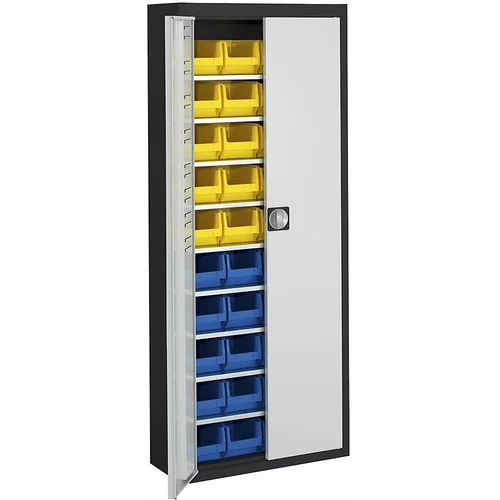 mauser Skladiščna omara z odprtimi skladiščnimi posodami, VxŠxG 1740 x 680 x 280 mm, dve barvi, korpus črn, vrata siva, 40 posod