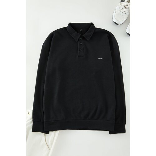 Trendyol Black Men's Oversize/Wide Cut Labeled Long Sleeve Textured Cotton Polo Neck Sweatshirt Slike