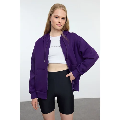 Trendyol Purple Hooded Oversize/Wide Fit Zippered Hooded Thick Fleece Sweatshirt