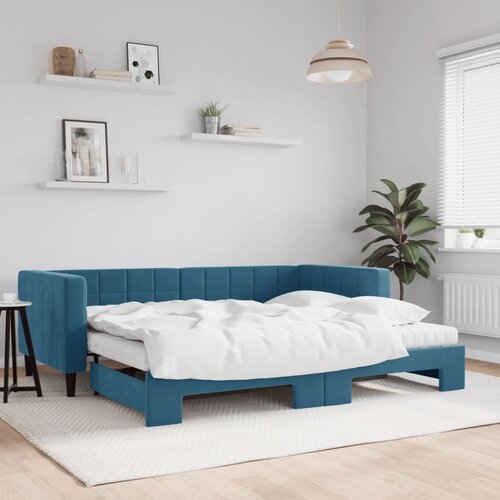VidaXL Izvlečna dnevna postelja z vzmetnicami modra 90x200 cm žamet Slike