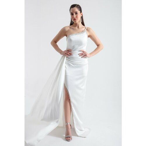 Lafaba Women's White One-Shoulder Stone Long Satin Evening Dress Slike