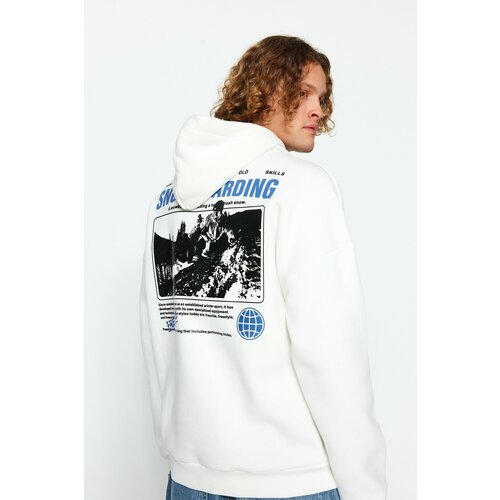 Trendyol Men's Ecru Oversized Hooded Fluffy Ski Printed Pile Cotton Sweatshirt with Soft Inside. Slike