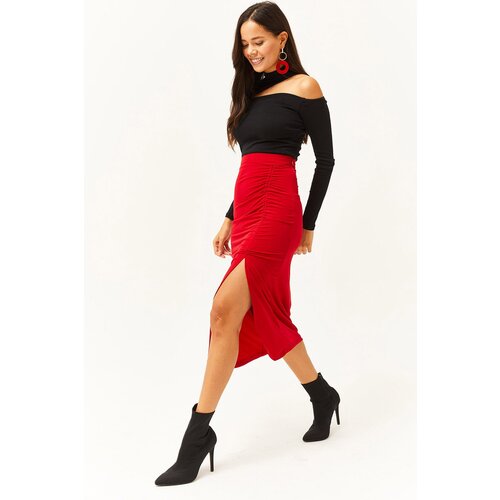 Olalook Women&amp;#039;s Red Slit Draped Detail Zippered Midi Sandy Skirt Slike