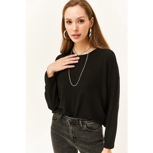 Olalook Women&amp;#039;s Solid Black Crew Neck Bat Soft Textured Blouse Slike