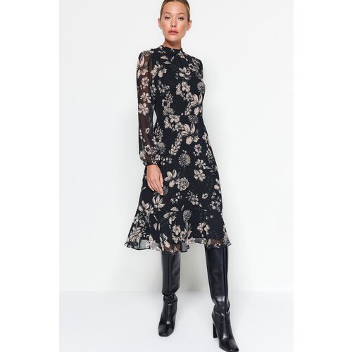 Trendyol A-Line Black Floral Pattern Chiffon Dress With Woven Lining Cijene
