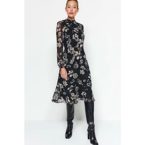 Trendyol A-Line Black Floral Pattern Chiffon Dress With Woven Lining