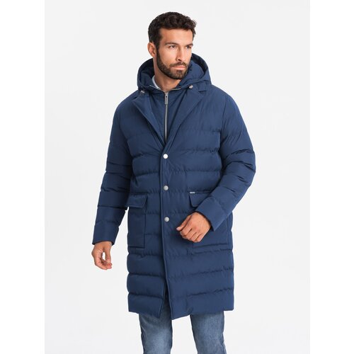 Ombre Men's long quilted jacket with lapels and lining - dark blue Cijene