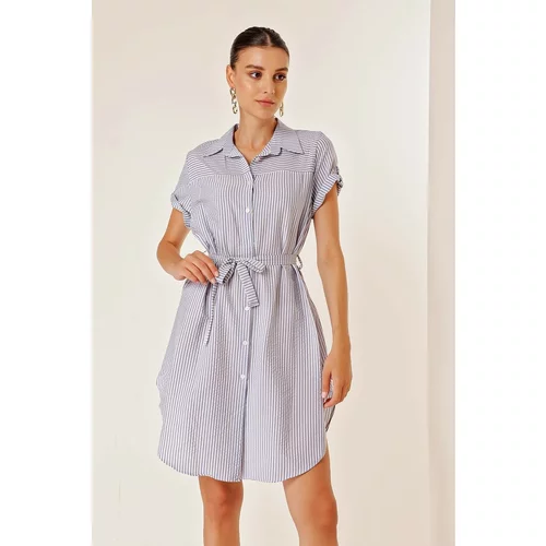 By Saygı Blue Stripe See-through Dress With Belted Waist Short Sleeves and Buttons Front
