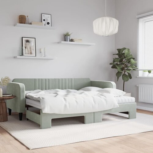VidaXL Izvlečna dnevna postelja z vzmetnico sv. siva 90x200 cm blago Slike