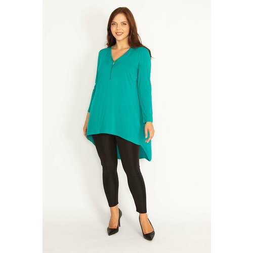 Şans Women's Plus Size Green Front Patio Zippered Back Detailed Viscose Tunic Cene