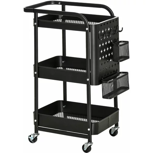 HOMCOM 3-stopenjski voziček za hrano z večnamenskim prostorom in vrtljivimi kolesi, jeklo in PP plastika, 51,5 × 32 × 75,6 cm, črn, (20745408)