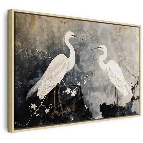  Slika - Herons and cherry blossoms - oriental-style illustration depicting birds 90x60 U prirodnom drvenom okviru Cene