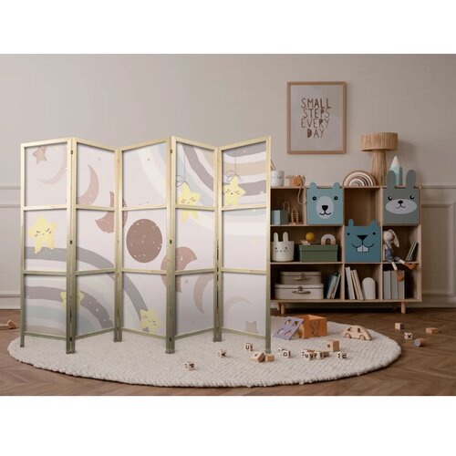  Japanski paravan - Joyful Sky - Yellow cheerful stars with a rainbow against the moon phases - in the sky colored light beige. 2 Cijene