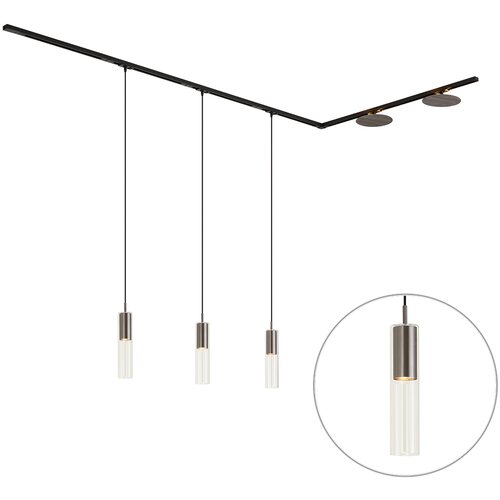 QAZQA Modern railsysteem zwart met 3 hanglampen en 2 plafondlampen gunmetal 1-fase - Iconic Lloyd Pulley Slike
